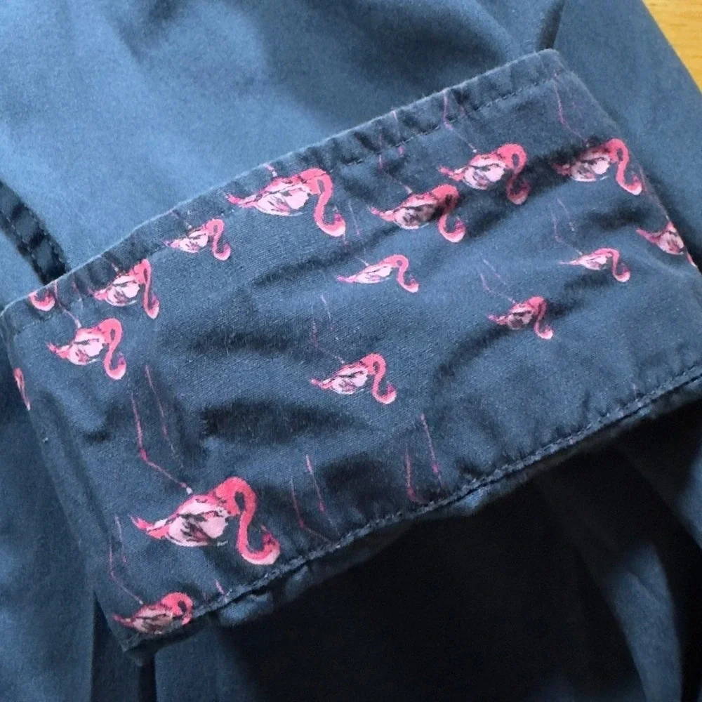 Thomas Pink Button Down Shirt Men Teal Blue Flamingo Print Trim Slim British 3XL